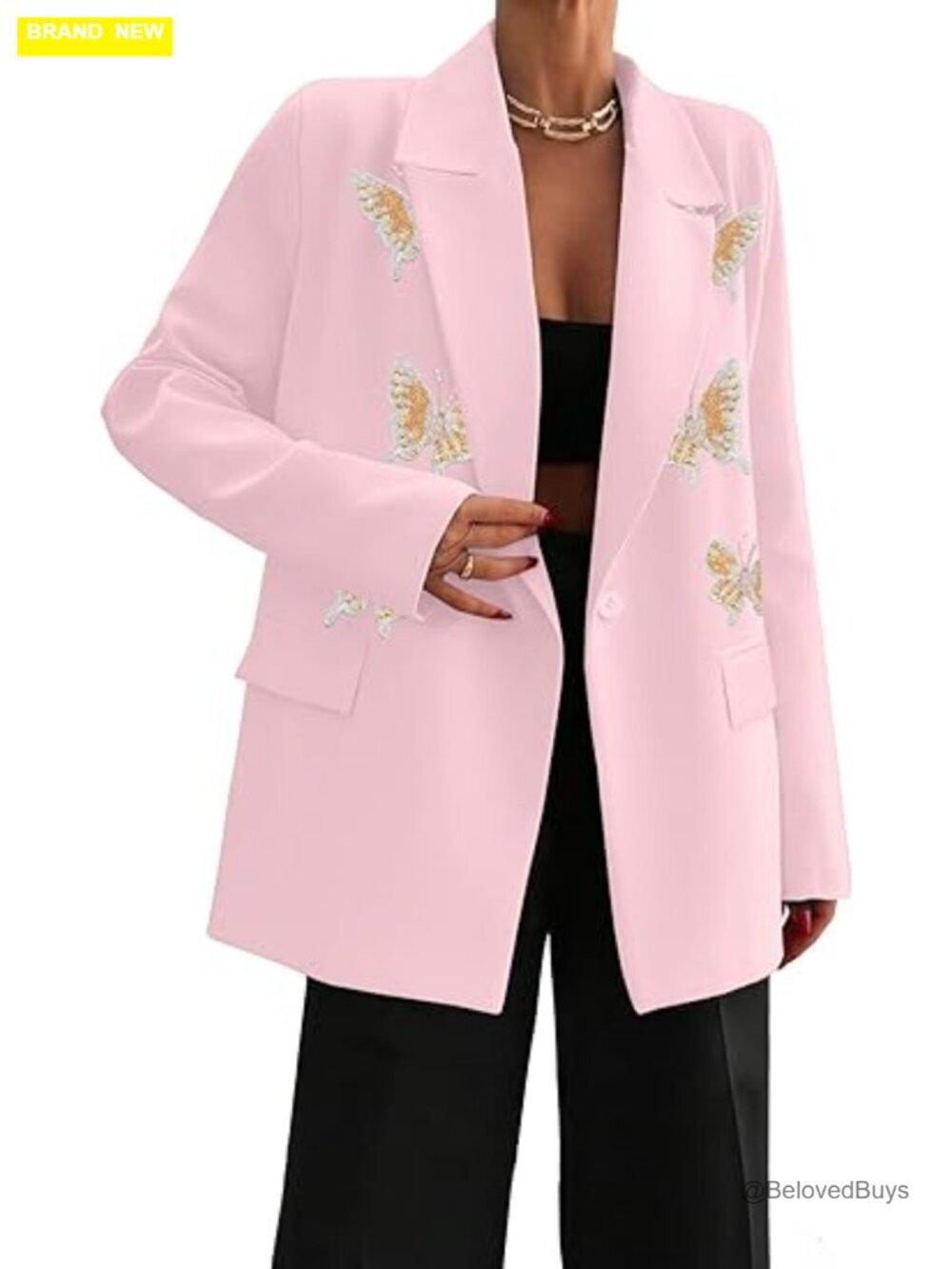 Women's Business Casual Notch Collar Blazer with Butterfly Appliques 3/4 Sleeve